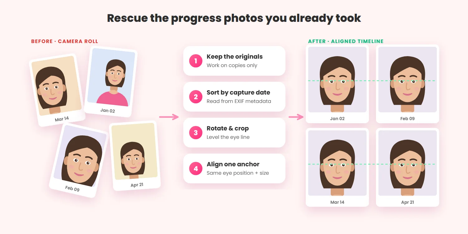 Tilted, differently sized and out-of-order photos from a camera roll become an aligned timeline after four steps: keep originals, sort by capture date, rotate and crop, and align one anchor point