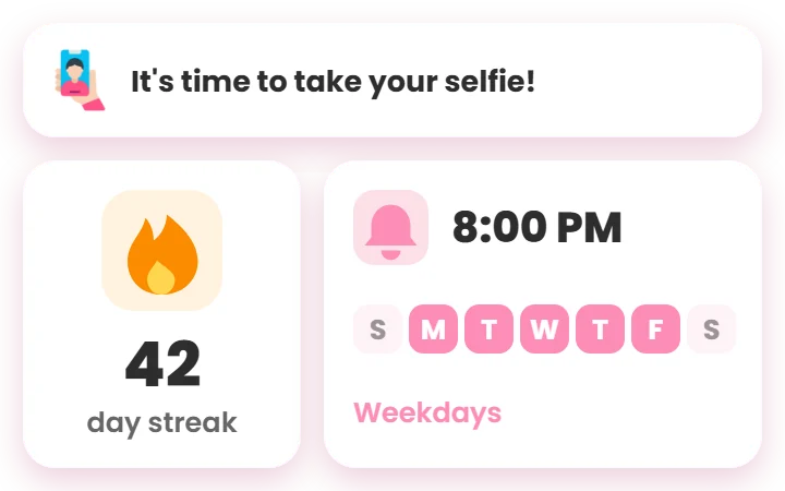 Daily reminder notification, 42 day streak and weekday reminder settings
