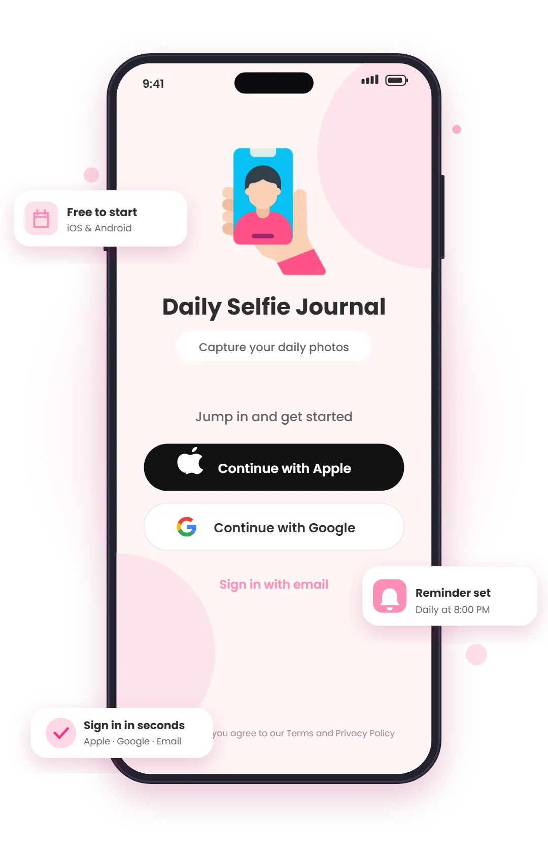 Daily Selfie sign-in screen with Continue with Apple, Google and email