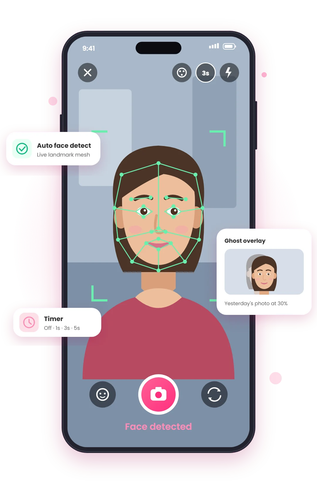 Guided selfie camera with a green face-detection mesh and the status Face detected