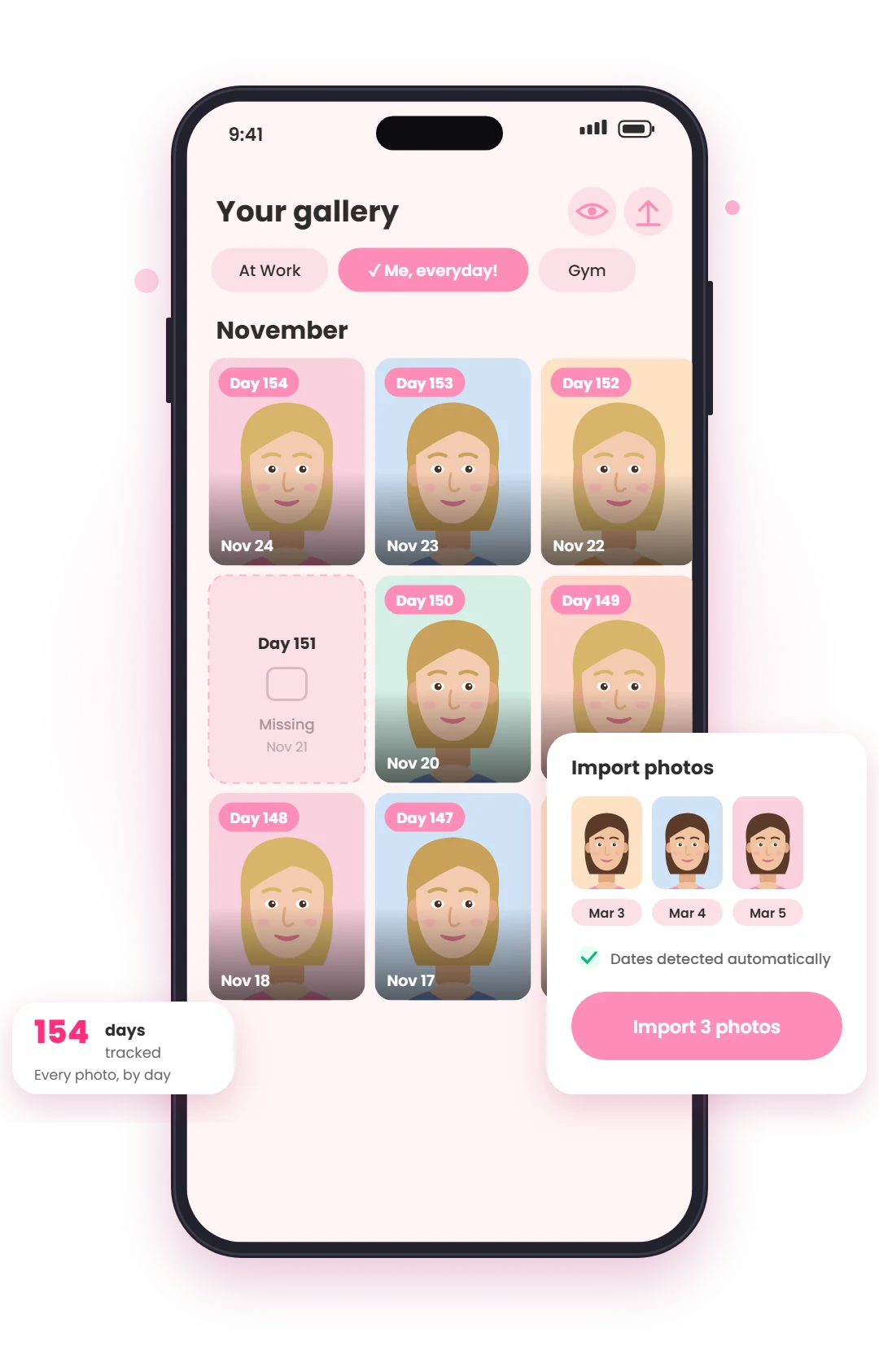 By-day selfie gallery with Day badges and an import screen that detects photo dates