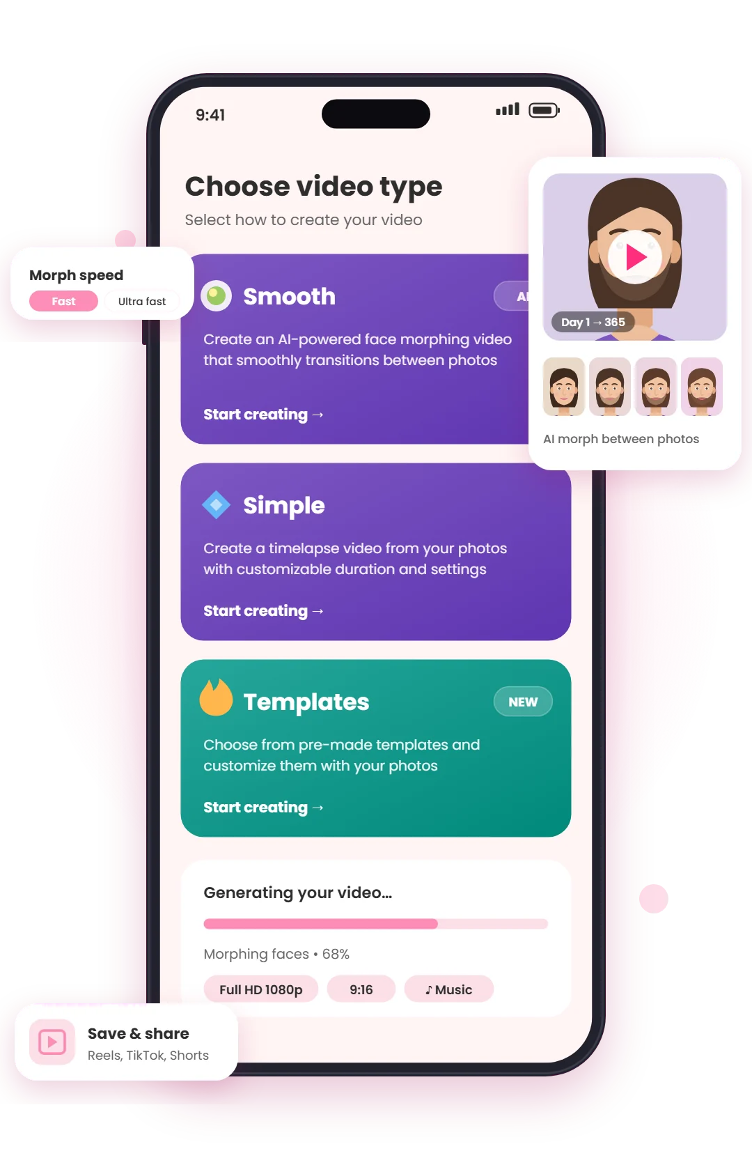Choose video type screen with Smooth AI morph, Simple timelapse and Templates options